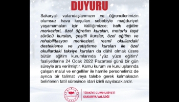 Sakarya'da Pazartesi tüm eğitim faaliyetlerine ara verildi